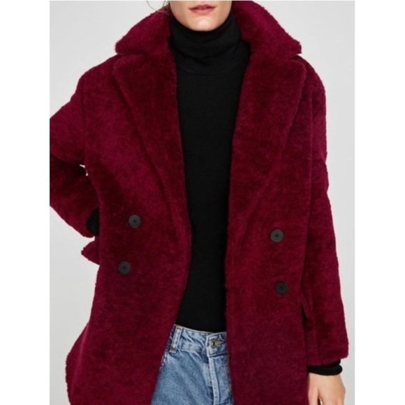 ZARA Burgundy Faux Fur Teddy Coat - Picture 1 of 7